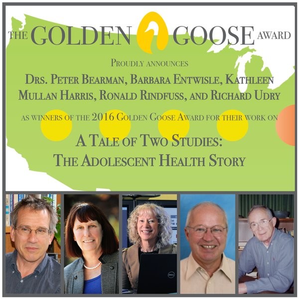 2016 Golden Goose Award Poster with images of all 5 recipients. From left:Peter Bearman, Barbara Entwisle, Kathleen Mullan Harris, Ronald Rindfuss, and Richard Udry