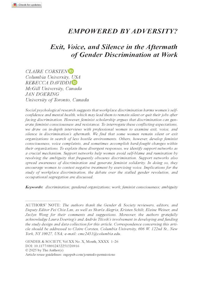 https://journals.sagepub.com/doi/10.1177/08912432251326916 Empowered by Adversity? Exit, Voice, and Silence in the Aftermath of Gender Discrimination at Work