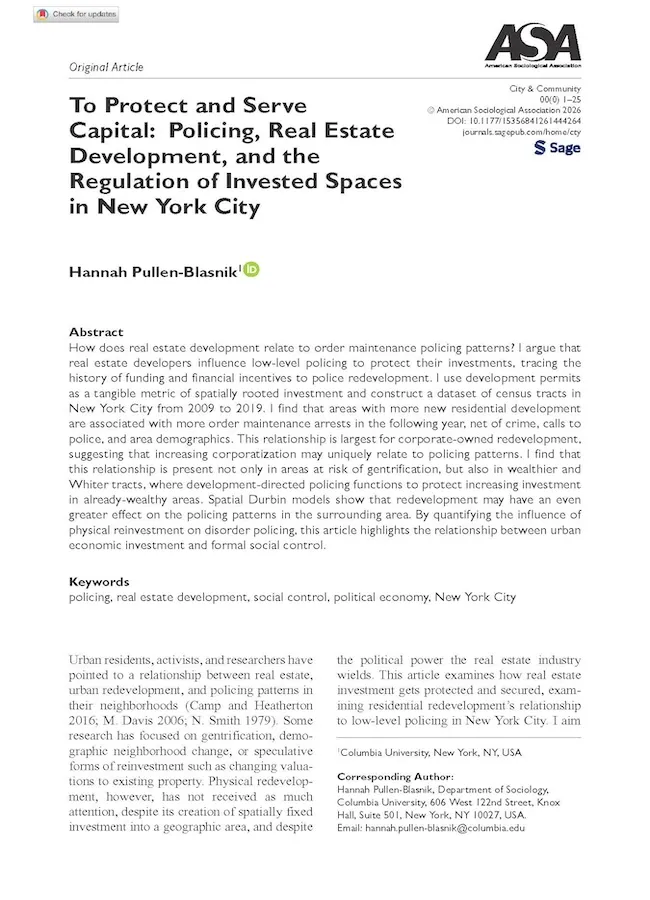 To Protect and Serve Capital: Policing, Real Estate Development, and the Regulation of Invested Spaces in New York City